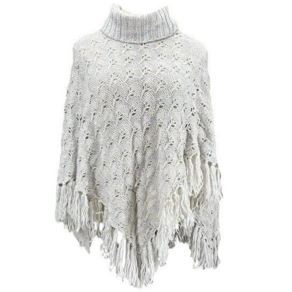 Quiksilver Womens Gray Tassel Fringe Turtleneck Poncho One Size ESTILO crochet